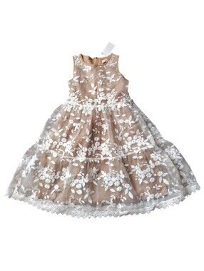 Think Pink Bows Girls Floral Lace Party Flower Girl Dress in Tan and White